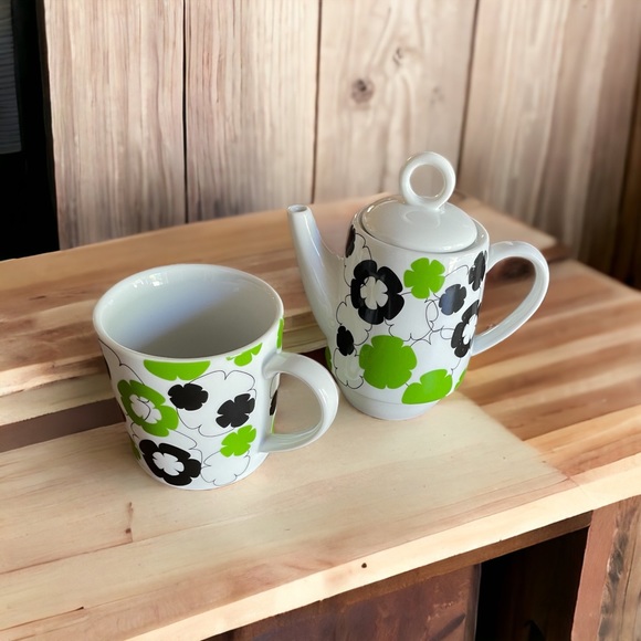 Stackable Teapot And Cup Set Bold Modern Flower Power Stir Gift Navy Blue Green - Picture 2 of 13